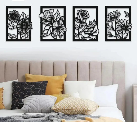 4 Set of Floral Frame Wooden Wall Decor